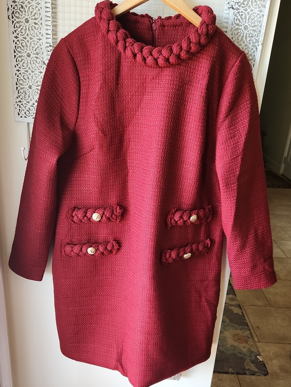 Jackie Style Wine Tweed Braided-Trim A-Line Long-Sleeve Dress sz L